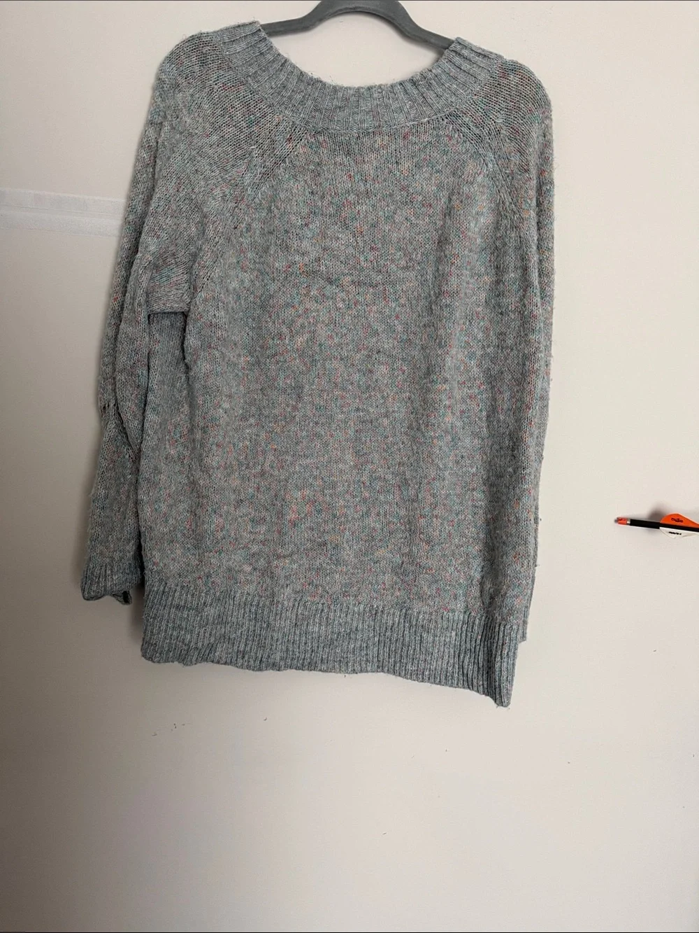 LOFT Speckled Light Gray Lace-Knit Crewneck Sweater